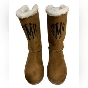 Marley Lilly monogrammed Sherpa tie booties leopard women’s size 9